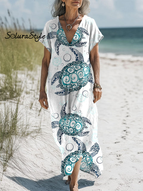 Women’s Turtle Art Print Pocket Cotton Dress Multicolor / S