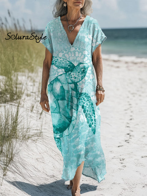 Women’s Turtle Art Print Pocket Cotton Dress Multicolor / S