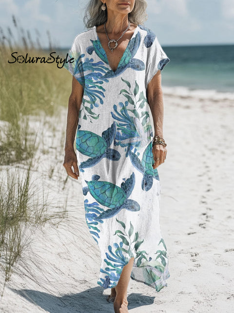 Women’s Turtle Art Print Pocket Cotton Dress Multicolor / S