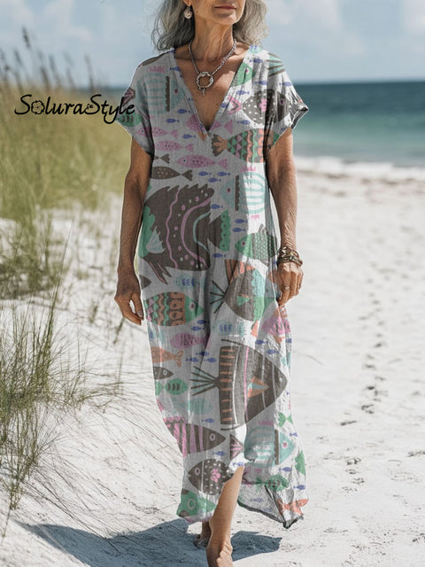 Women’s Underwater World Art Print Pocket Cotton Dress Multicolor / S