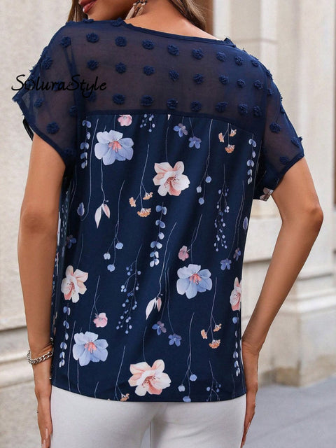 Women’s V-Neck Floral Printed Lace Patchwork T-Shirt