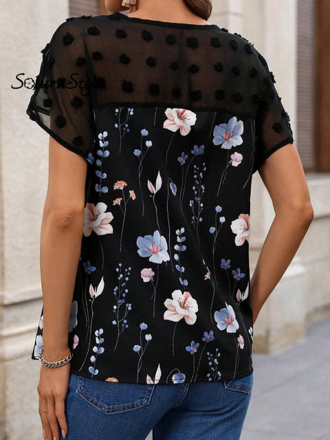 Women’s V-Neck Floral Printed Lace Patchwork T-Shirt