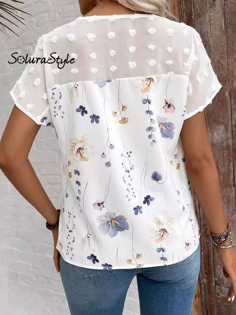 Women’s V-Neck Floral Printed Lace Patchwork T-Shirt