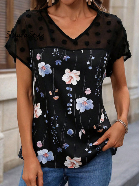 Women’s V-Neck Floral Printed Lace Patchwork T-Shirt Black / S