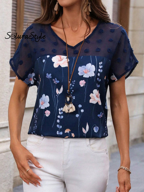 Women’s V-Neck Floral Printed Lace Patchwork T-Shirt Navy / S