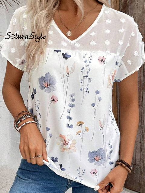 Women’s V-Neck Floral Printed Lace Patchwork T-Shirt White / S
