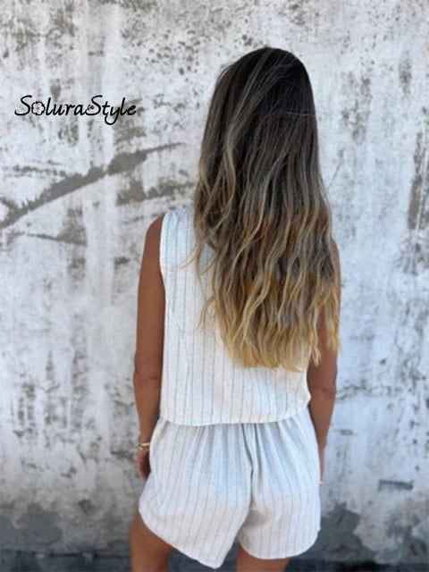 Women’s V-Neck Striped Short Button Vest Shorts Suit