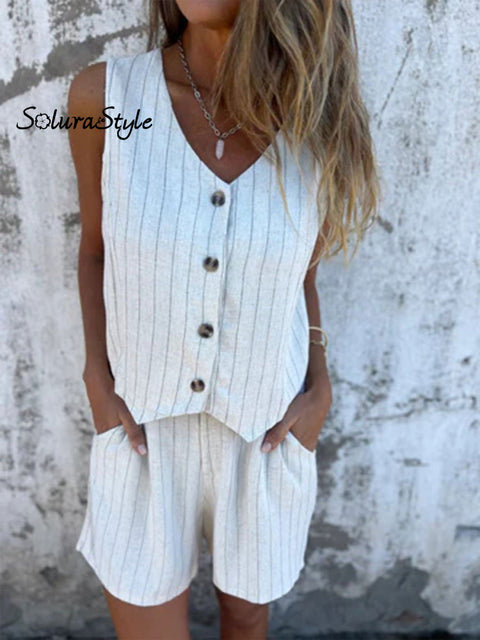 Women’s V-Neck Striped Short Button Vest Shorts Suit White / S