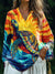 Women’s Vintage Abstract Sun Turtle Art Print Casual Cotton And Linen V-Neck Shirt Multicolor / S