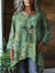Women’s Vintage Ethnic Floral Peacock Art Print Pocket Cotton Top Green / Onesize