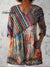 Women’s Vintage Flower Art Print Casual Linen V-neck Shirt Multicolor / S