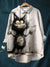 Women’s Vintage Funny Cat Art Print Casual Cotton And Linen Shirt Multicolor / S