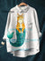 Women’s Vintage Ocean Fish Cat Art Print Casual Cotton And Linen Shirt Multicolor / S