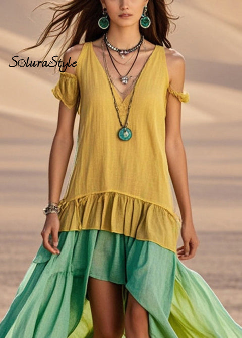 Yellow Patchwork Cotton Maxi Dresses Cold Shoulder Asymmetrical Design Summer