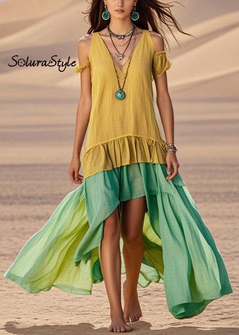 Yellow Patchwork Cotton Maxi Dresses Cold Shoulder Asymmetrical Design Summer