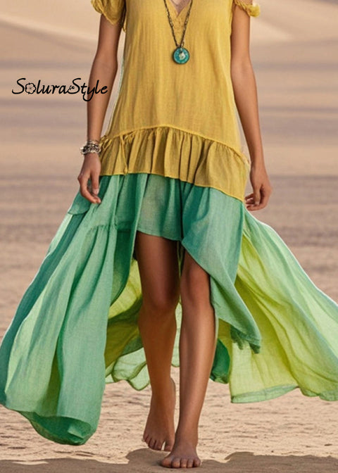 Yellow Patchwork Cotton Maxi Dresses Cold Shoulder Asymmetrical Design Summer
