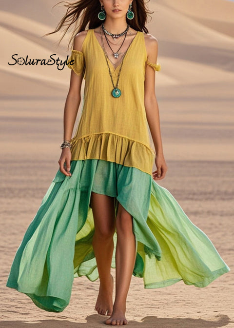 Yellow Patchwork Cotton Maxi Dresses Cold Shoulder Asymmetrical Design Summer